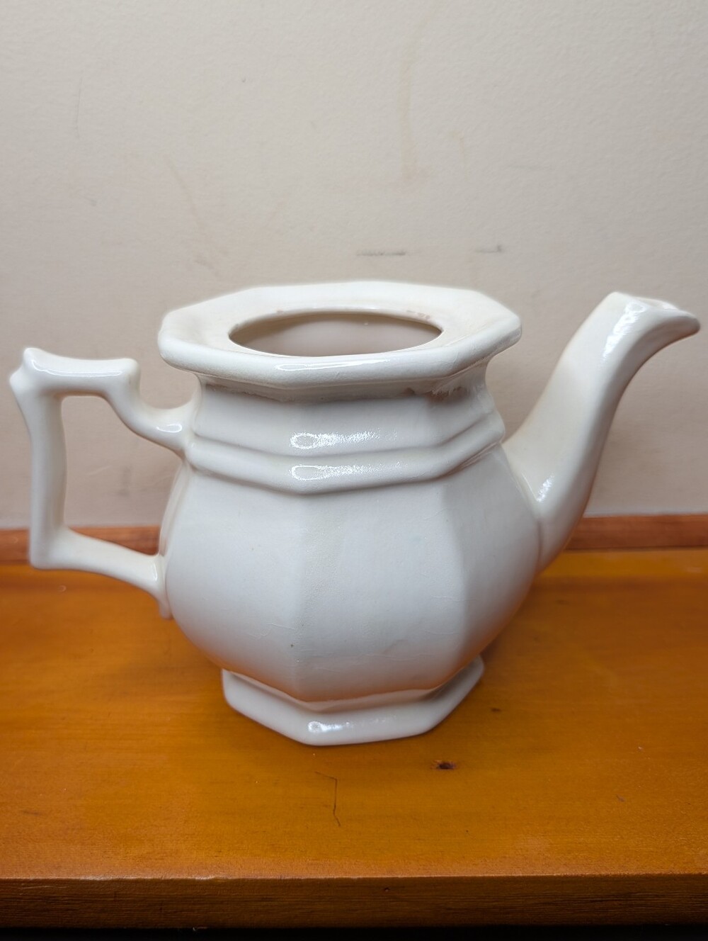 Vintage White Ironstone Octagonal Teapot Coffee Pot Farmhouse Decor